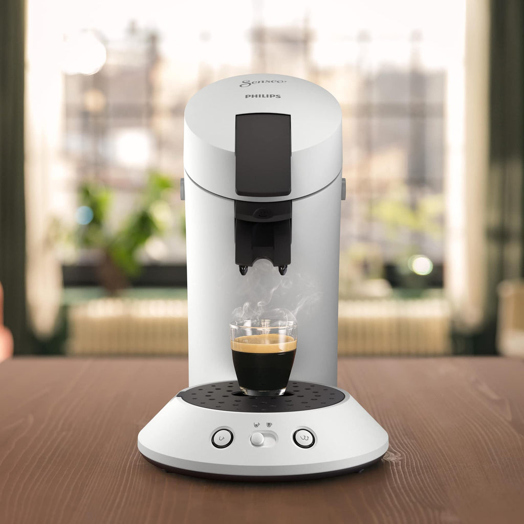 Machine à Café à Dosettes Blanc/Noir – Boost d'Arômes & Sélection d'Intensité (CSA210/10)