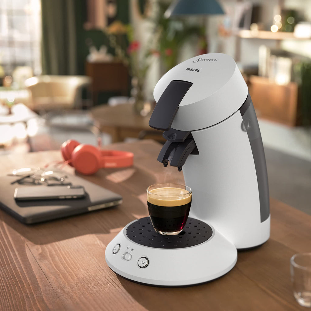 Machine à Café à Dosettes Blanc/Noir – Boost d'Arômes & Sélection d'Intensité (CSA210/10)