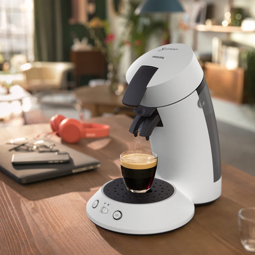 Machine à Café à Dosettes Blanc/Noir – Boost d'Arômes & Sélection d'Intensité (CSA210/10)